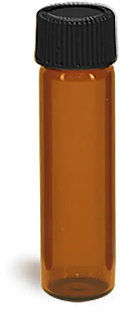 2 dram Amber Glass Vials w/ Black Ribbed PE Lined Caps, 64 mm Height