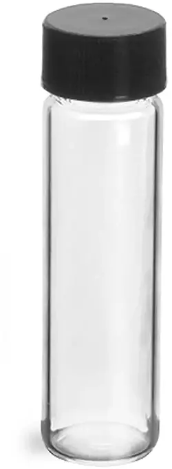 2 Dram Clear Glass Vials w/ Black Polypropylene Ribbed Foil Lined Caps