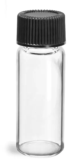 2 dram Glass Vials, Clear Glass Vials w/ Black Ribbed PE Lined Caps
