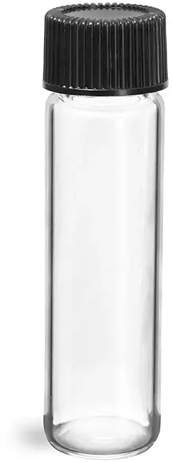 2 dram Glass Vials, Clear Glass Vials w/ Black Ribbed PE Lined Caps