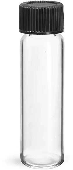 3 dram Glass Vials, Clear Glass Vials w/ Black Ribbed PE Lined Caps