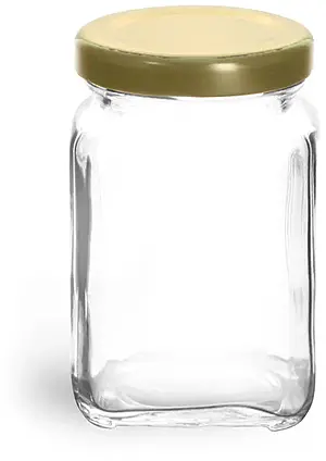 3.75 Clear Glass Square Jars w/ Gold Metal Lug Caps