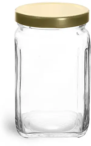 9.8 oz Clear Glass Square Jars w/ Gold Metal Lug Caps