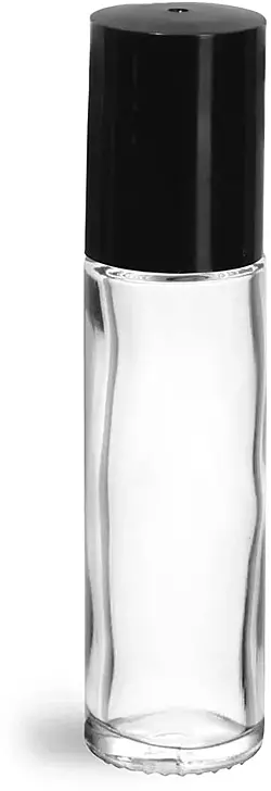 .35 oz Black Clear Glass Roll On Containers w/ PE Ball and Black Caps (Bulk)