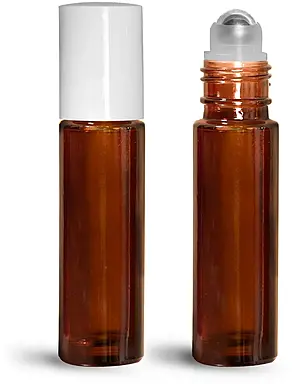 .35 oz w/ White Cap Glass Bottles, Amber Glass Roll On Containers w/ Metal Balls and White Polypropylene Caps