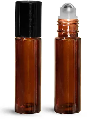 .35 oz w/ Black Cap Glass Bottles, Amber Glass Roll On Containers w/ Metal Balls and Black Polypropylene Caps
