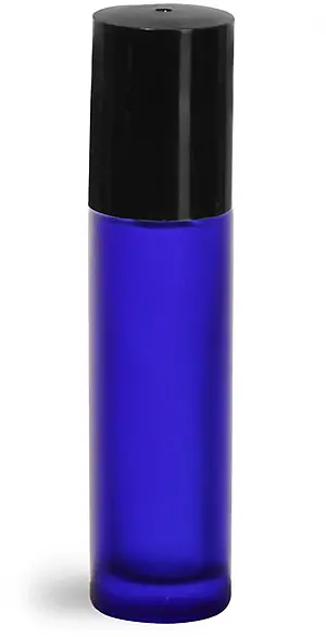 .35 oz Blue Frosted Glass Roll On Containers w/ PE Balls and Black Caps