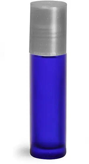 .35 oz Blue Frosted Glass Roll On Containers w/ PE Balls and Silver Caps