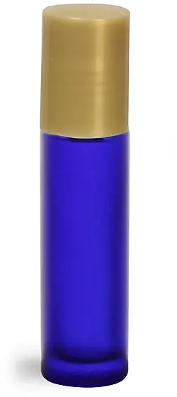 .35 oz Blue Frosted Glass Roll On Containers w/ PE Balls and Gold Caps