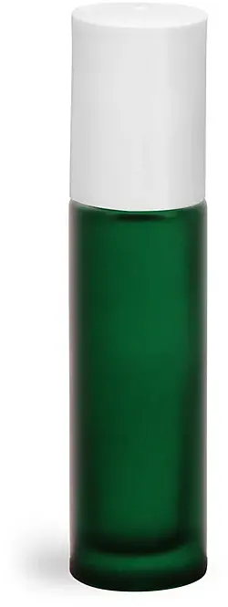 .35 oz Green Frosted Glass Roll On Containers w/ PE Balls and White Caps