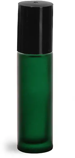 .35 oz Green Frosted Glass Roll On Containers w/ PE Balls and Black Caps