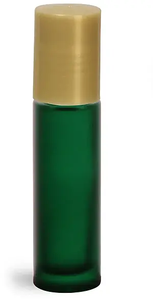 .35 oz Green Frosted Glass Roll On Containers w/ PE Balls and Gold Caps
