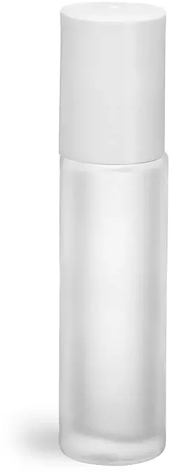 .35 oz Frosted Glass Roll On Containers w/ PE Balls and White Caps