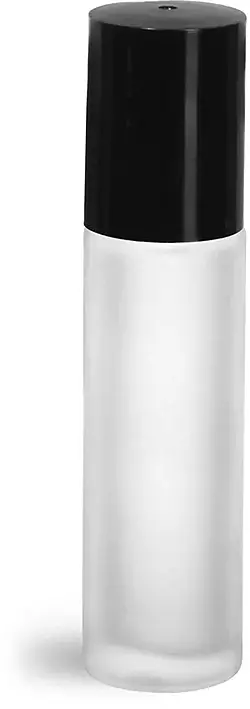 .35 oz Frosted Glass Roll On Containers w/ PE Balls and Black Caps (Bulk)