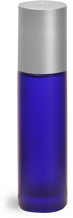 .35 oz Frosted Blue Glass Roll On Containers w/ PE Balls and Brushed Silver Polypropylene Caps