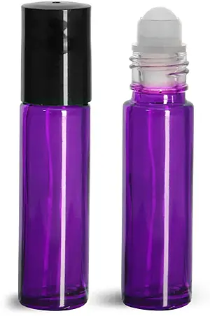 .35 oz Glass Bottles, Purple Glass Roll On Containers w/ PE Balls and Black Caps