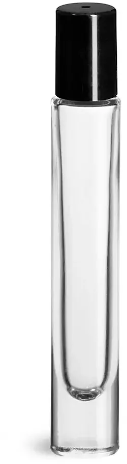 10 ml Clear Glass Roll on Containers w/ Ball and Black Caps