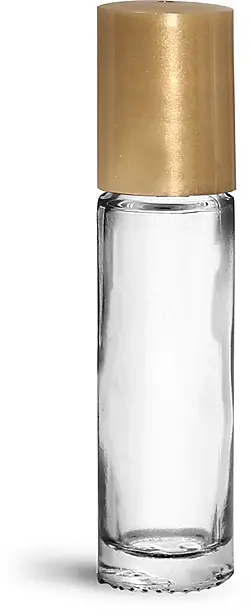 .35 oz Clear Glass Roll On Containers w/ Metal Balls and Gold Polypropylene Caps