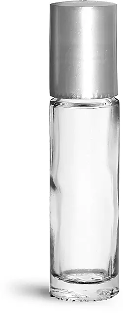 .35 oz Clear Glass Roll On Containers w/ Metal Balls and Silver Polypropylene Caps