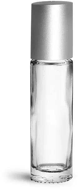 .35 oz Glass Bottles, Clear Glass Roll On Containers w/ Metal Balls and Brushed Silver Polypropylene Caps