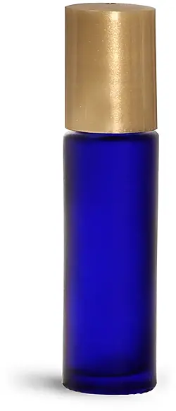 .35 oz Glass Bottles, Frosted Blue Glass Roll On Containers w/ Metal Balls and Gold Polypropylene Caps