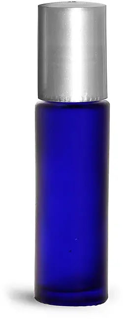 .35 oz Glass Bottles, Blue Frosted Glass Roll On Containers w/ Metal Balls and Silver Polypropylene Caps