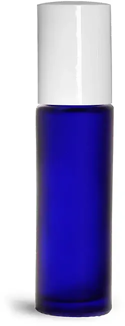 .35 oz Glass Bottles, Blue Frosted Glass Roll On Containers w/ Metal Balls and White Polypropylene Caps