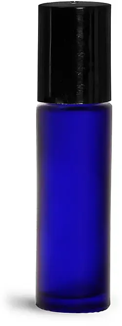 .35 oz Glass Bottles, Blue Frosted Glass Roll On Containers w/ Metal Balls and Black Polypropylene Caps
