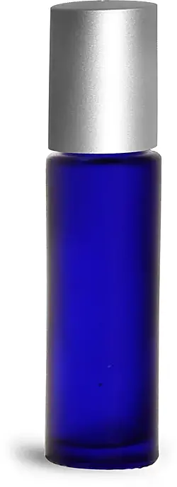 .35 oz Frosted Blue Glass Roll On Containers w/ Metal Balls & Brushed Silver PP Caps