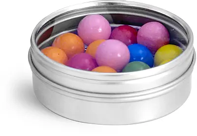 2 oz Round Metal Tins With Clear View Tops