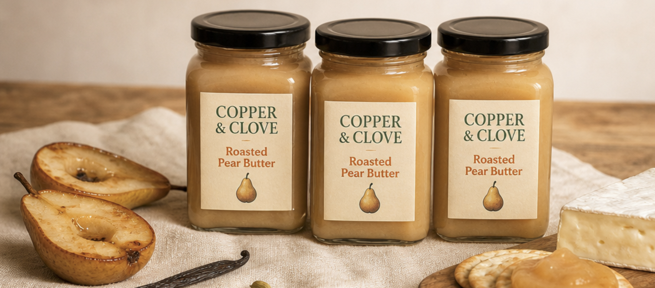 Roasted Cardamom Vanilla Pear Butter in Glass Square Jars