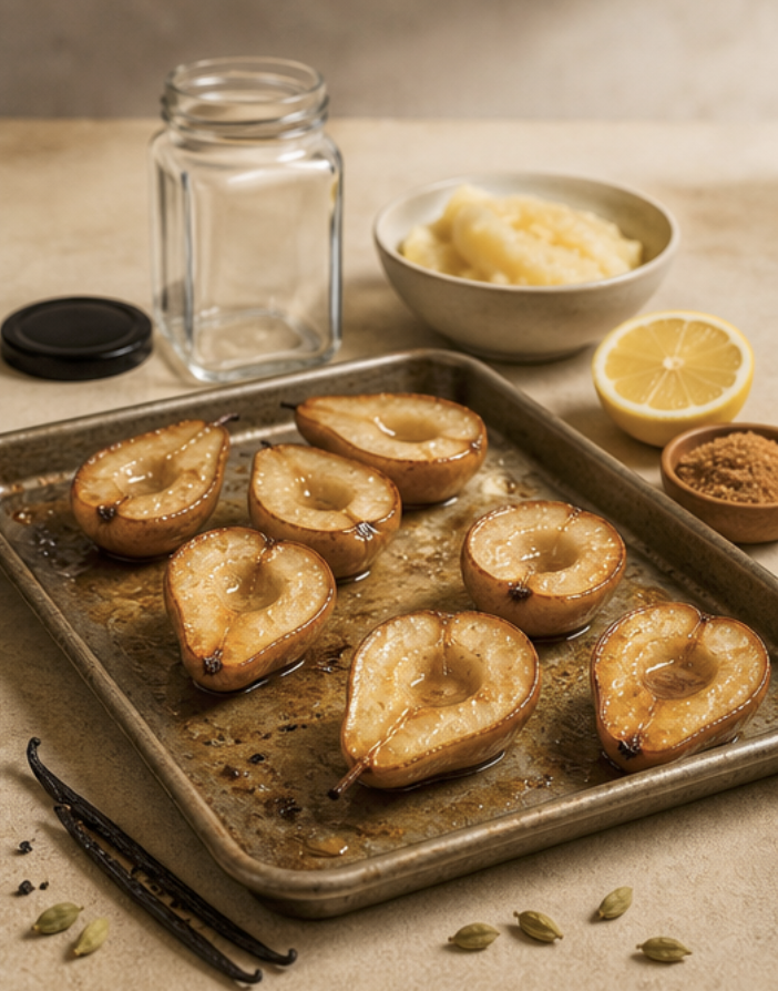 Roasted Cardamom Vanilla Pear Butter in a Glass Square Jar