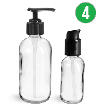 Clear Glass Boston Round Bottles with Black Pumps